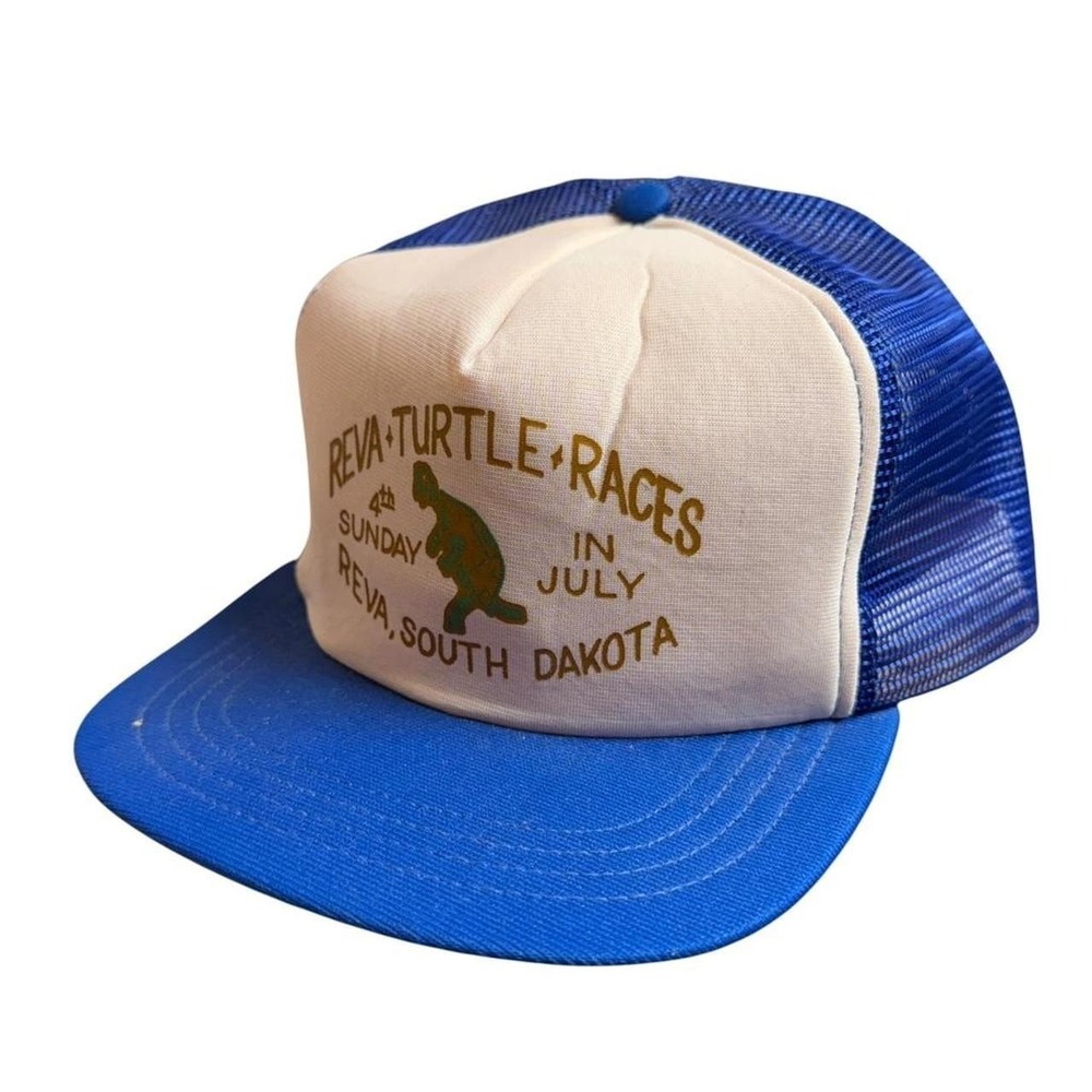 Vintage Reva South Dakota Turtle Races Snap-Tab USA Mesh Trucker Hat Cap Blue